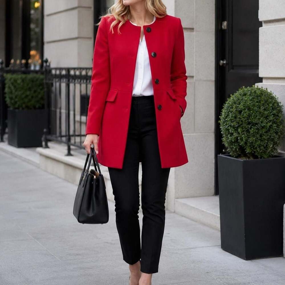 Zara Red Collarless Longline Button-Front Coat